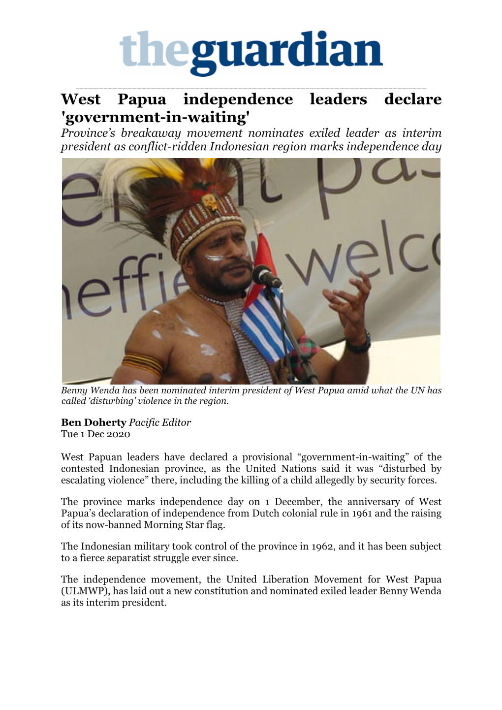 West Papua Independence Leaders Declare