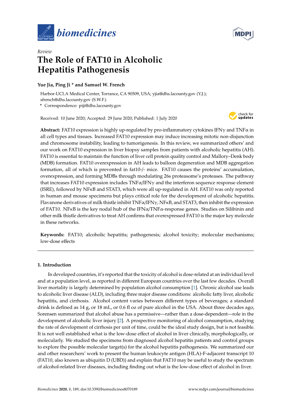 The Role of FAT10 in Alcoholic Hepatitis Pathogenesis