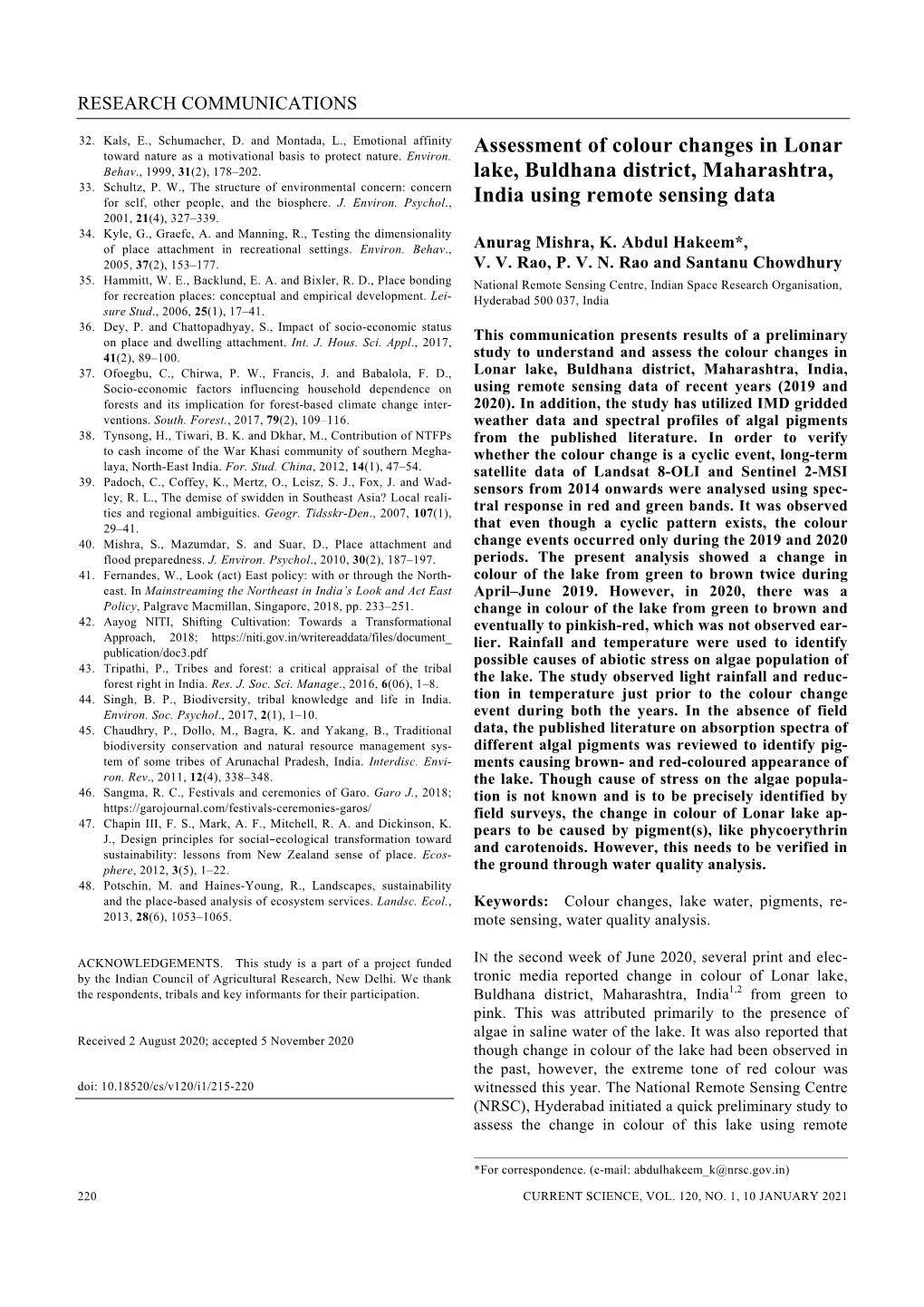 Assessment of Colour Changes in Lonar Lake, Buldhana District