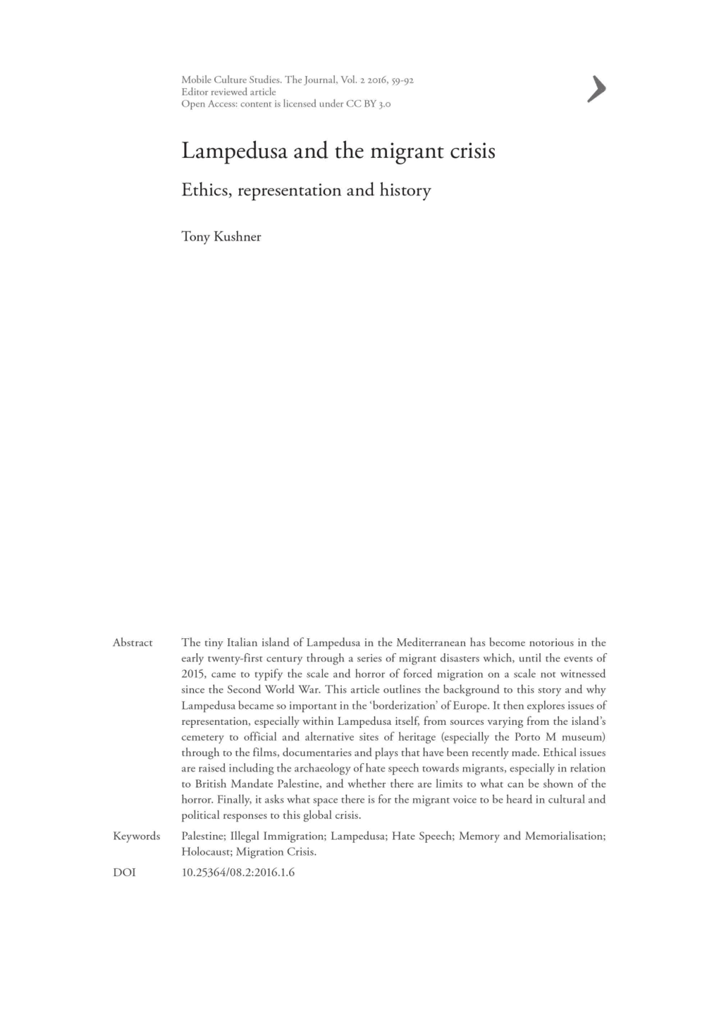 Lampedusa and the Migrant Crisis Ethics, Representation and History