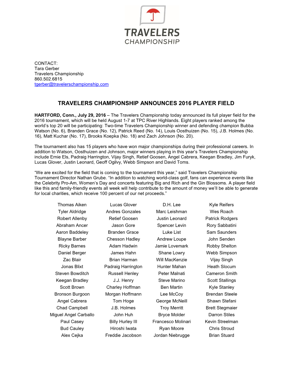 Travelers Championship Announces 2016 Player Field