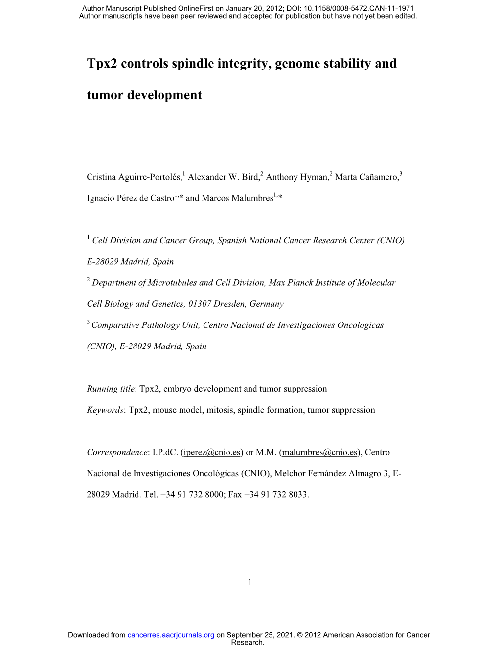 Tpx2 Controls Spindle Integrity, Genome Stability and Tumor Development