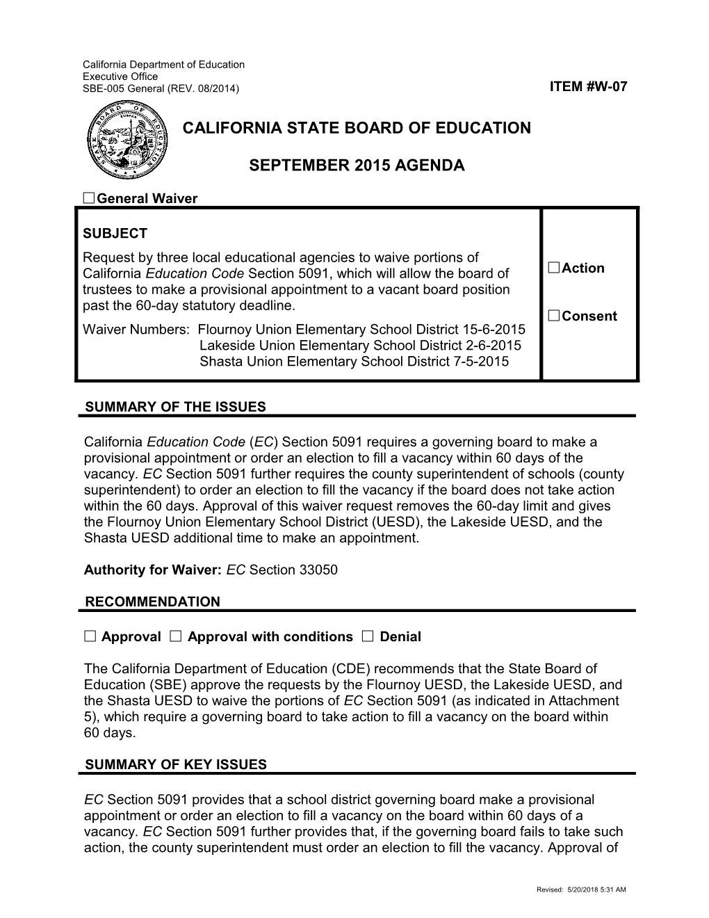 September 2015 Waiver Item W-07 - Meeting Agendas (CA State Board of Education)