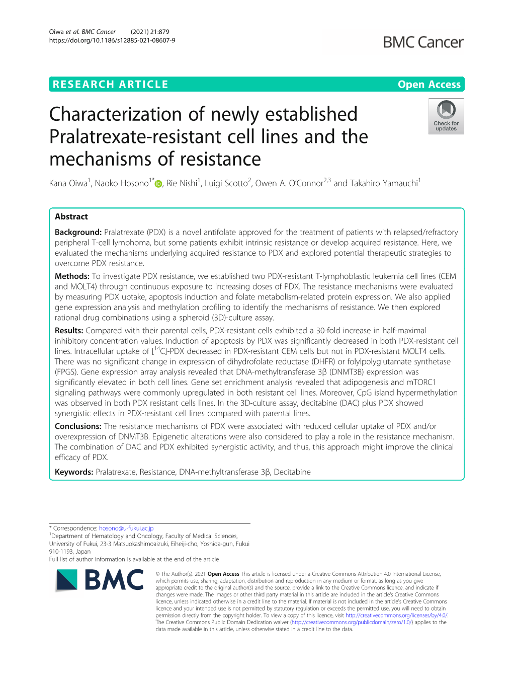 Characterization of Newly Established Pralatrexate-Resistant Cell Lines and the Mechanisms of Resistance