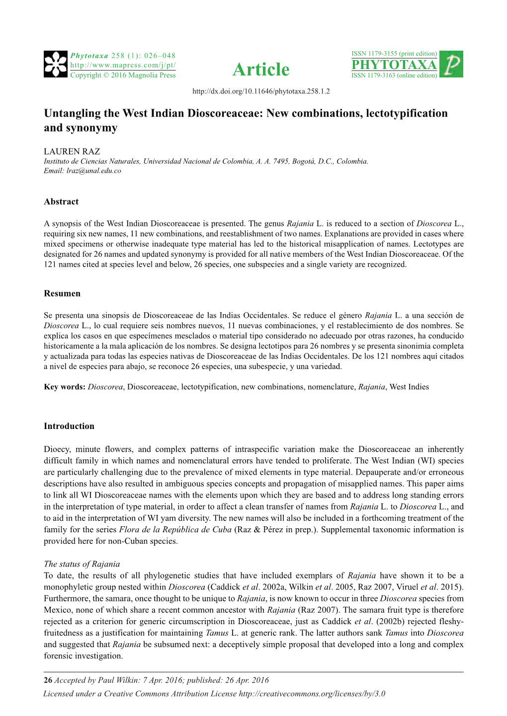 Untangling the West Indian Dioscoreaceae: New Combinations, Lectotypification and Synonymy