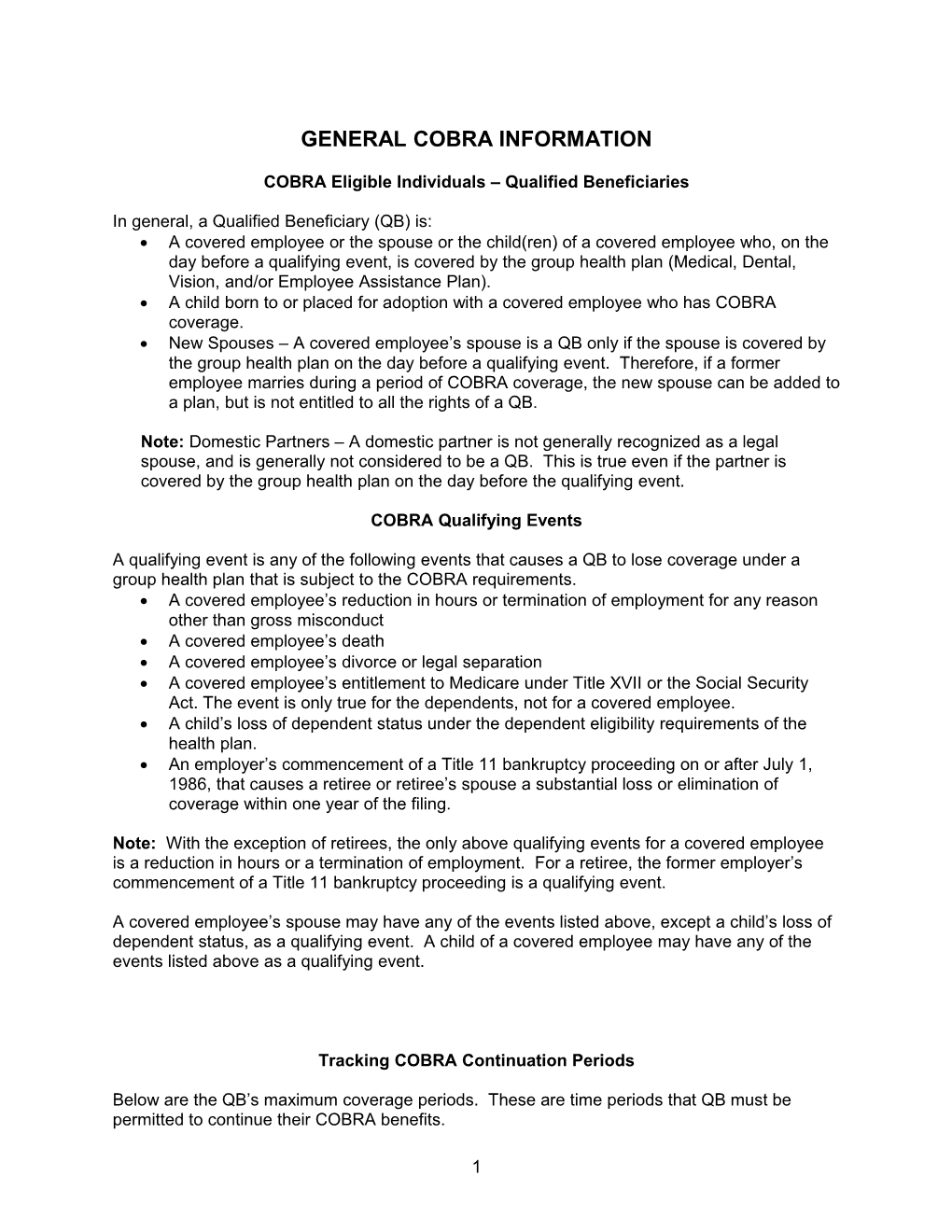 COBRA Eligible Individuals Qualified Beneficiaries