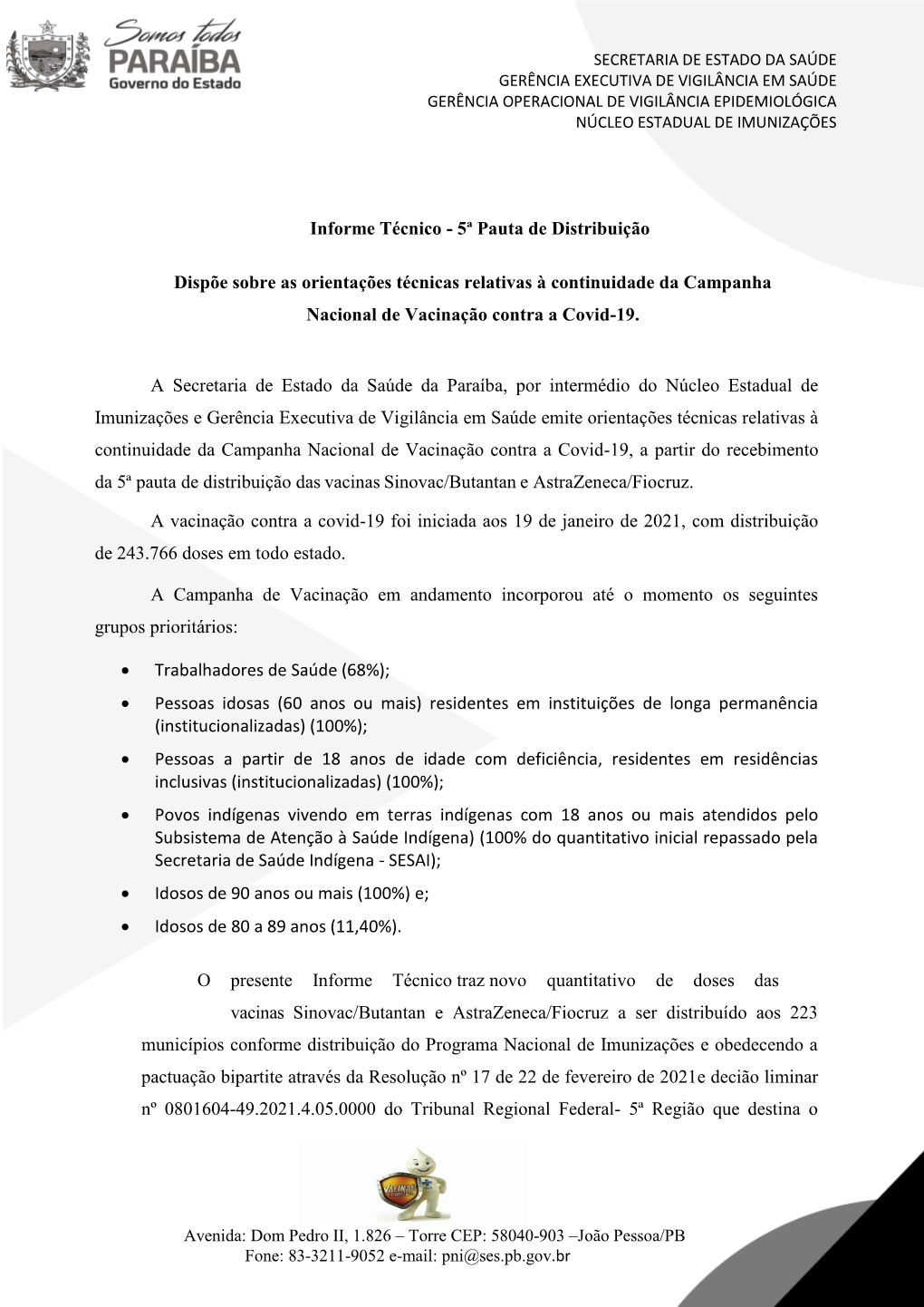 Informe Técnico - 5ª Pauta De Distribuição