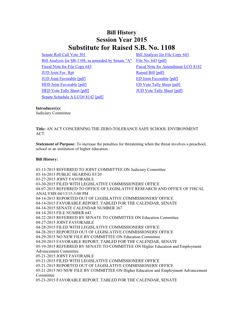 Substitute for Raised S.B. No. 1108 Senate Roll Call Vote 301 Bill Analysis for File Copy 643 Bill Analysis for SB-1108, As Amended by Senate "A" File No