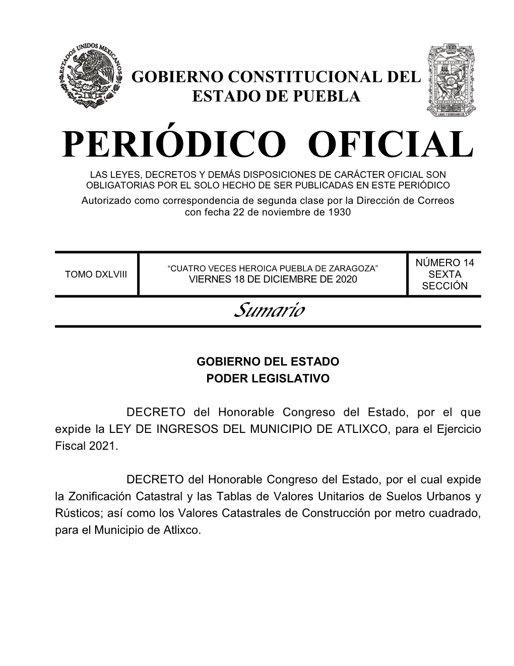 LEY DE INGRESOS DEL MUNICIPIO DE ATLIXCO, Para El Ejercicio Fiscal 2021