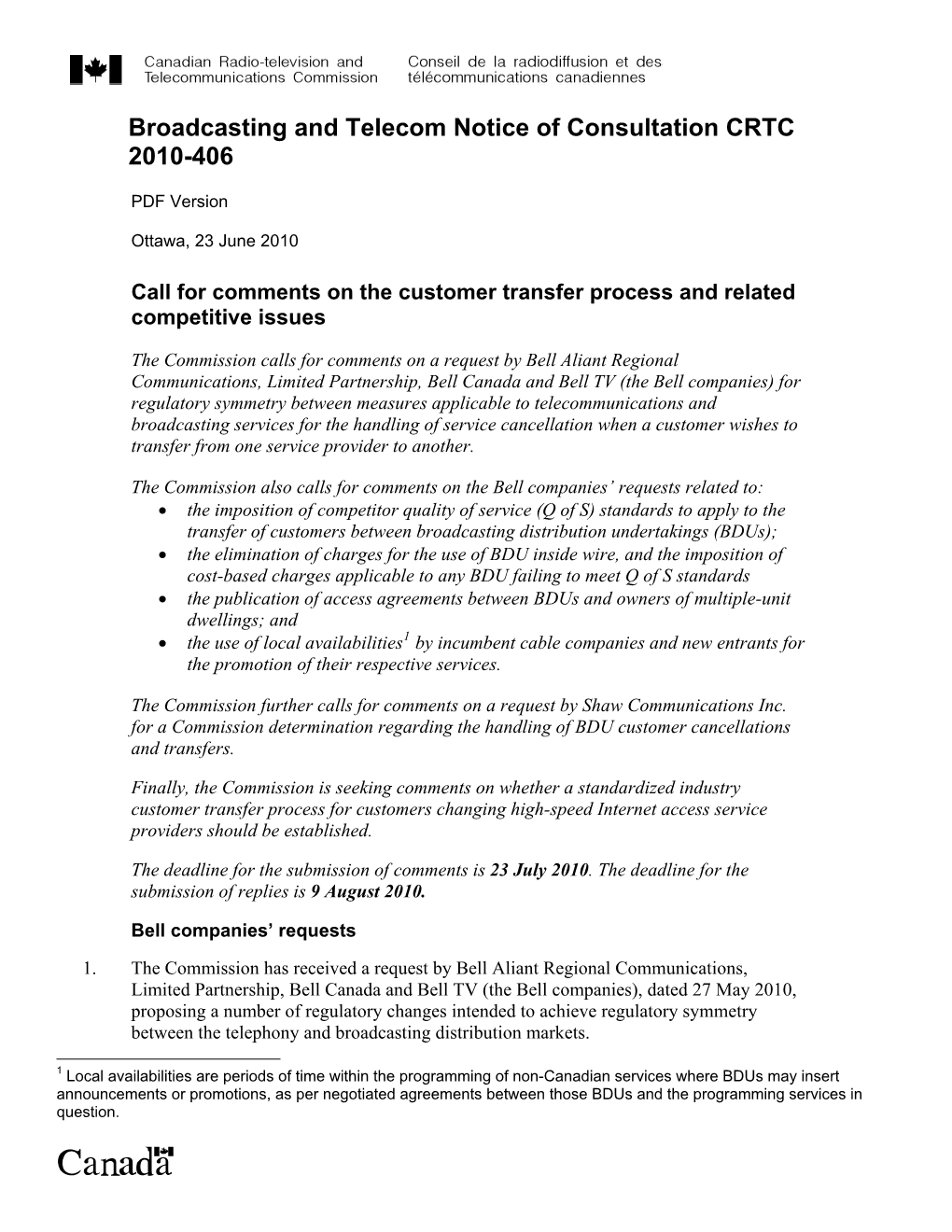 Broadcasting Notice of Consultation CRTC 2010-406