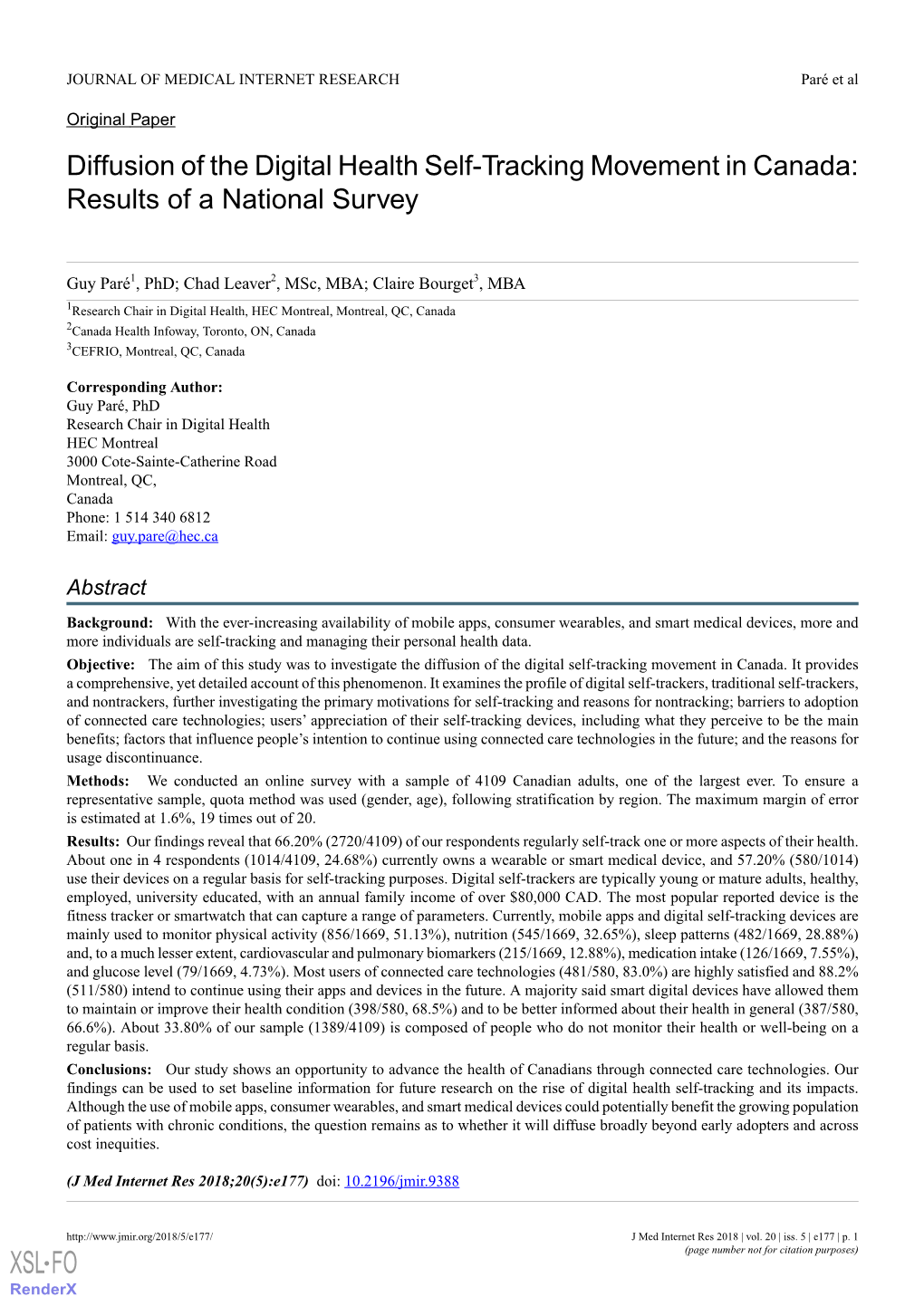 Diffusion of the Digital Health Self-Tracking Movement in Canada: Results of a National Survey