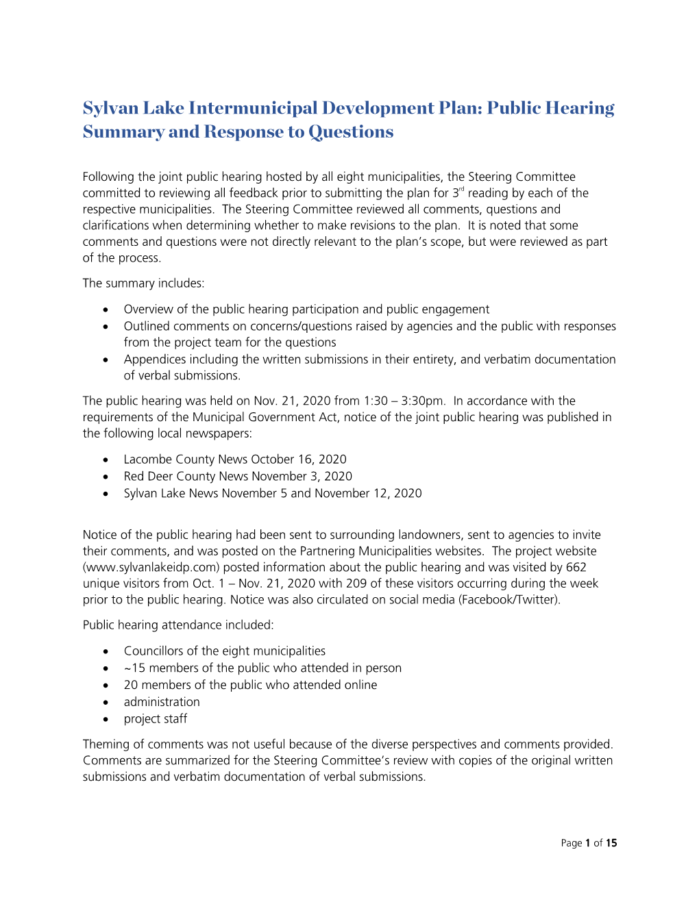 Public Hearing Summary and Response to Questions