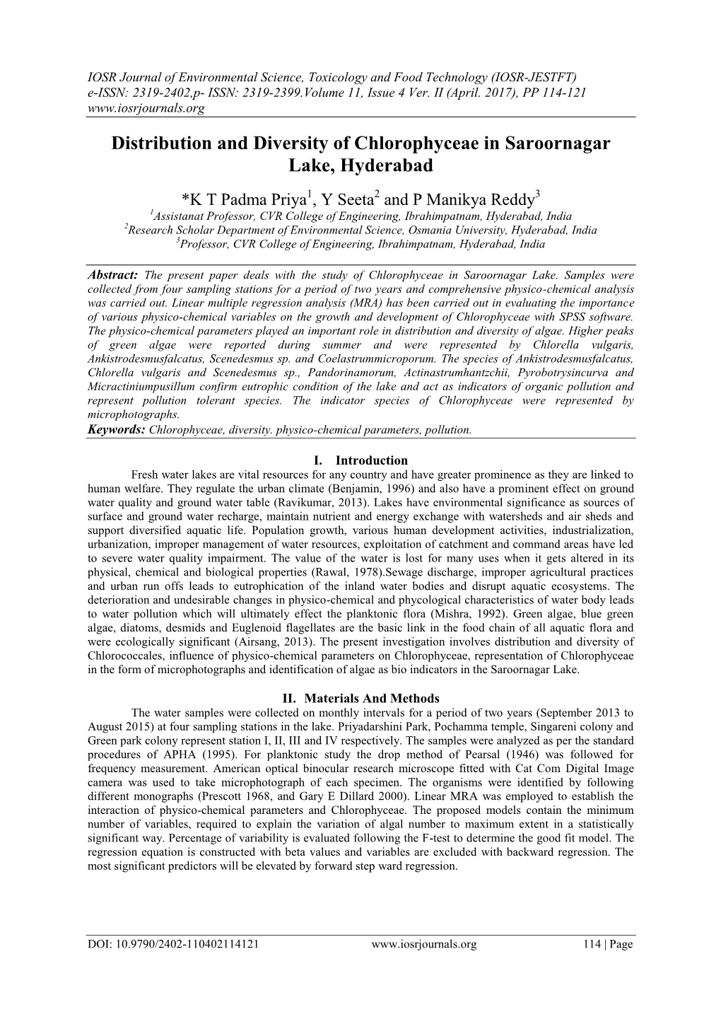 Distribution and Diversity of Chlorophyceae in Saroornagar Lake, Hyderabad