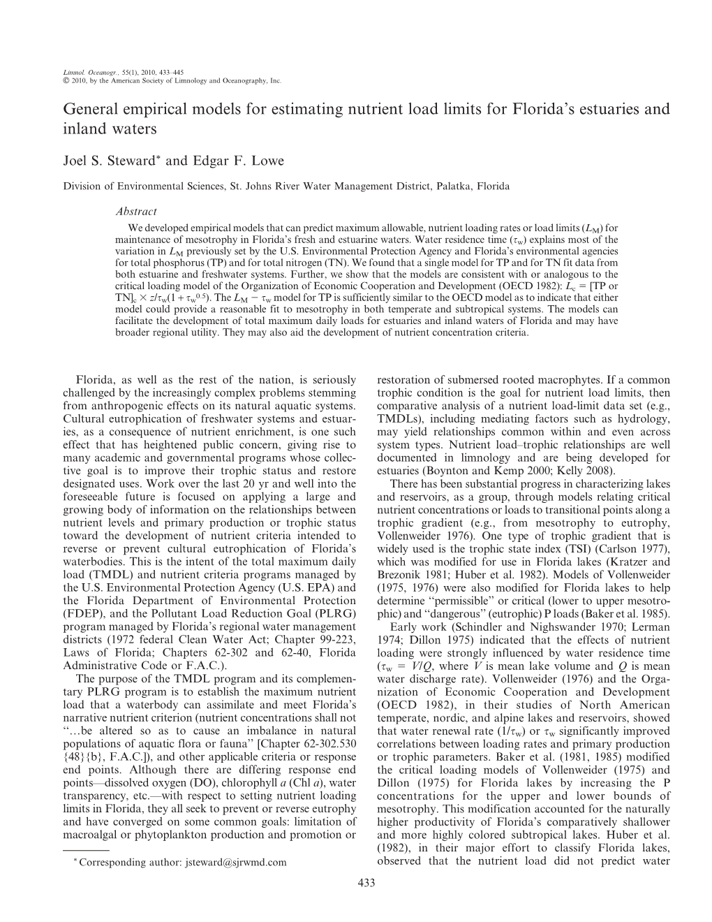 General Empirical Models for Estimating Nutrient Load Limits for Florida’S Estuaries and Inland Waters