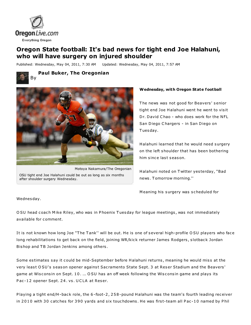 Oregon State Football: It's Bad News for Tight End Joe Halahuni, Who Will Have Surgery on Injured Shoulder