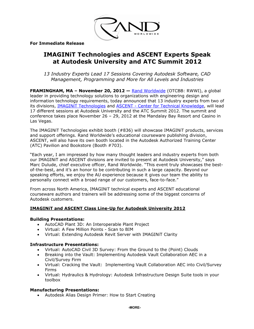Imaginit Technologies and ASCENT Experts Speak at Autodesk University and ATC Summit 2012