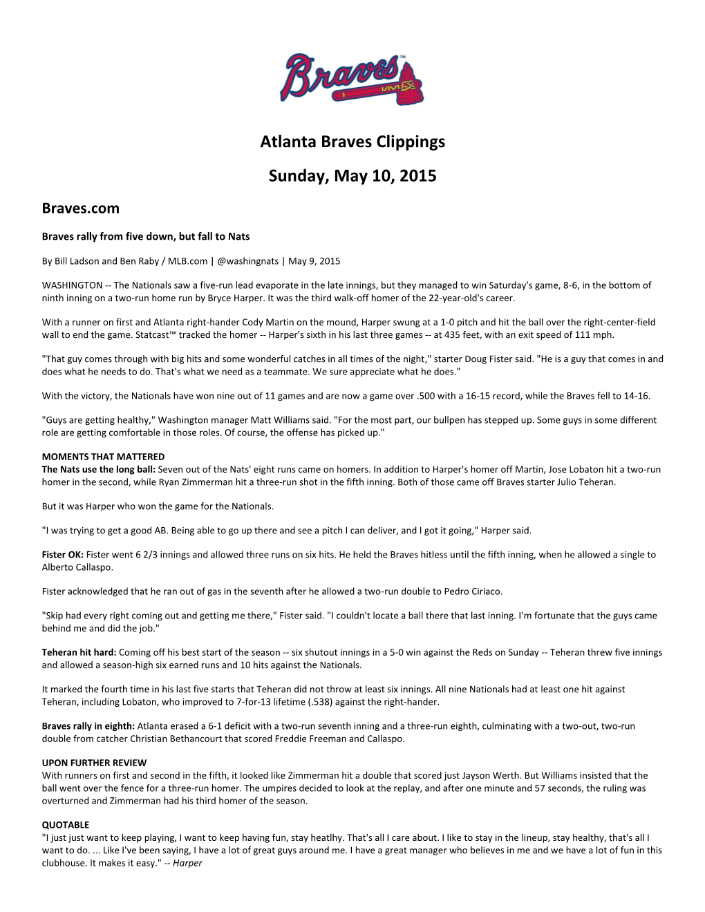 Atlanta Braves Clippings Sunday, May 10, 2015 Braves.Com