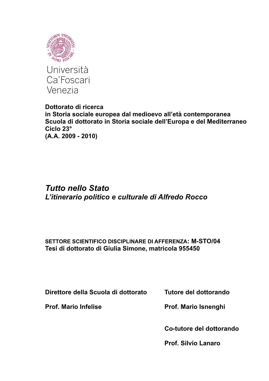 Tutto Nello Stato L’Itinerario Politico E Culturale Di Alfredo Rocco