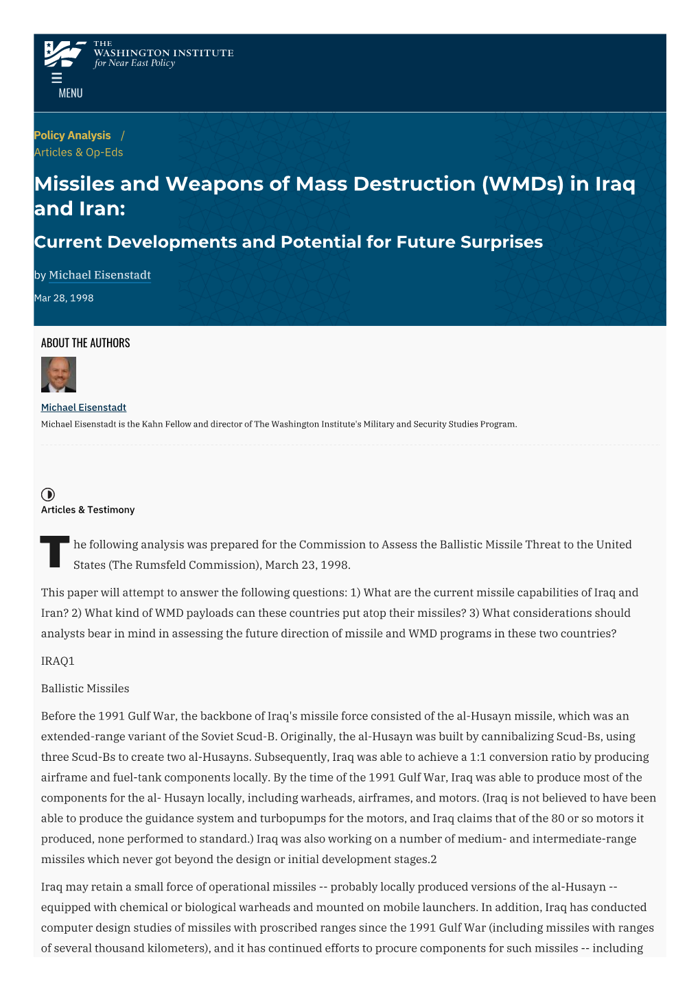 In Iraq and Iran: Current Developments and Potential for Future Surprises by Michael Eisenstadt