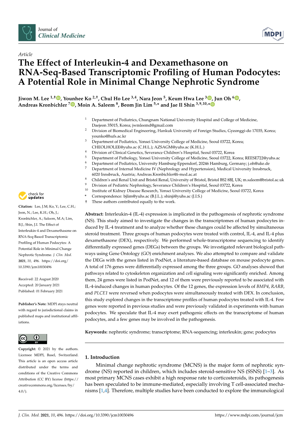 The Effect of Interleukin-4 and Dexamethasone on RNA-Seq-Based Transcriptomic Proﬁling of Human Podocytes: a Potential Role in Minimal Change Nephrotic Syndrome