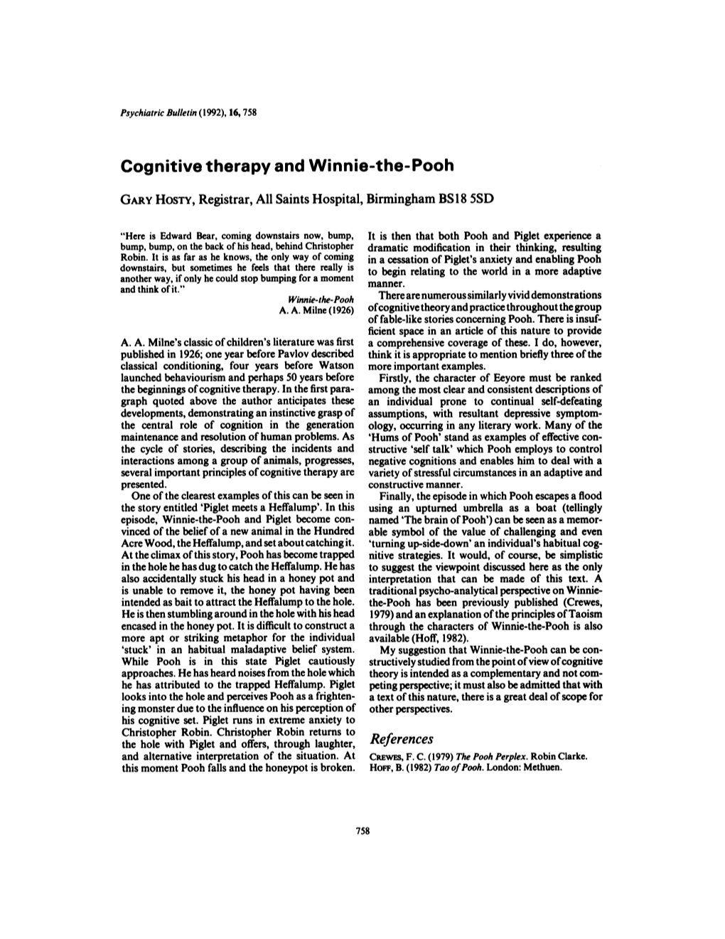 Cognitive Therapy and Winnie-The-Pooh