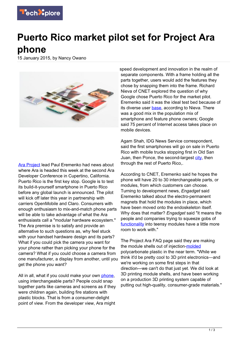 Puerto Rico Market Pilot Set for Project Ara Phone 15 January 2015, by Nancy Owano