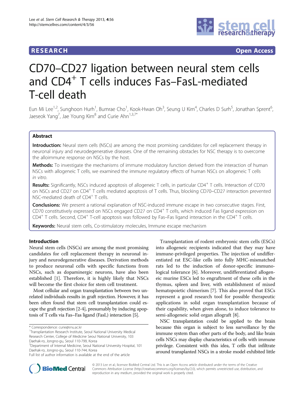 CD70-CD27 Ligation Between Neural Stem Cells and CD4 T Cells Induces