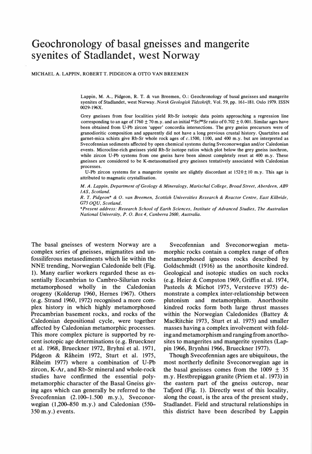 Geochronology of Basal Gneis Ses and Mangerite Syenites of Stadlandet