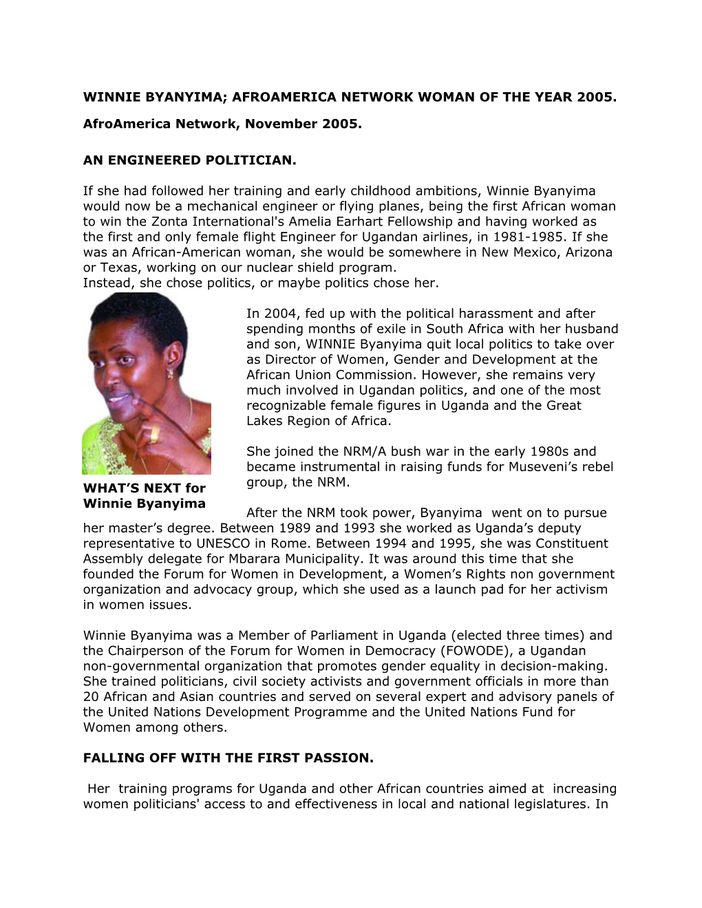 Winnie Byanyima; Afroamerica Network Woman of the Year 2005