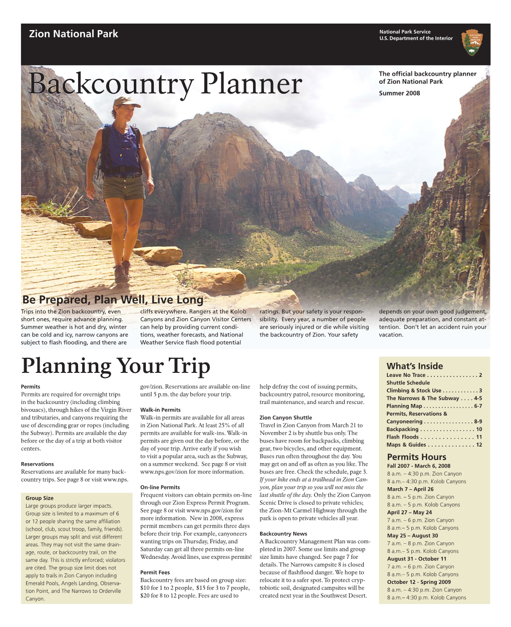 Backcountry Planner of Zion National Park Bbackcountryackcountry Plannerplanner Summer 2008