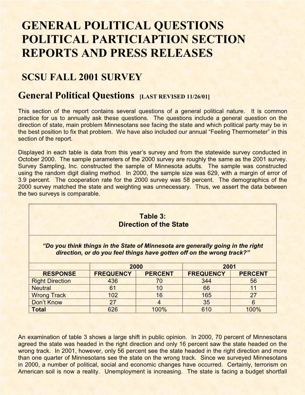 Reports and Press Releases Scsu Fall 2001 Survey