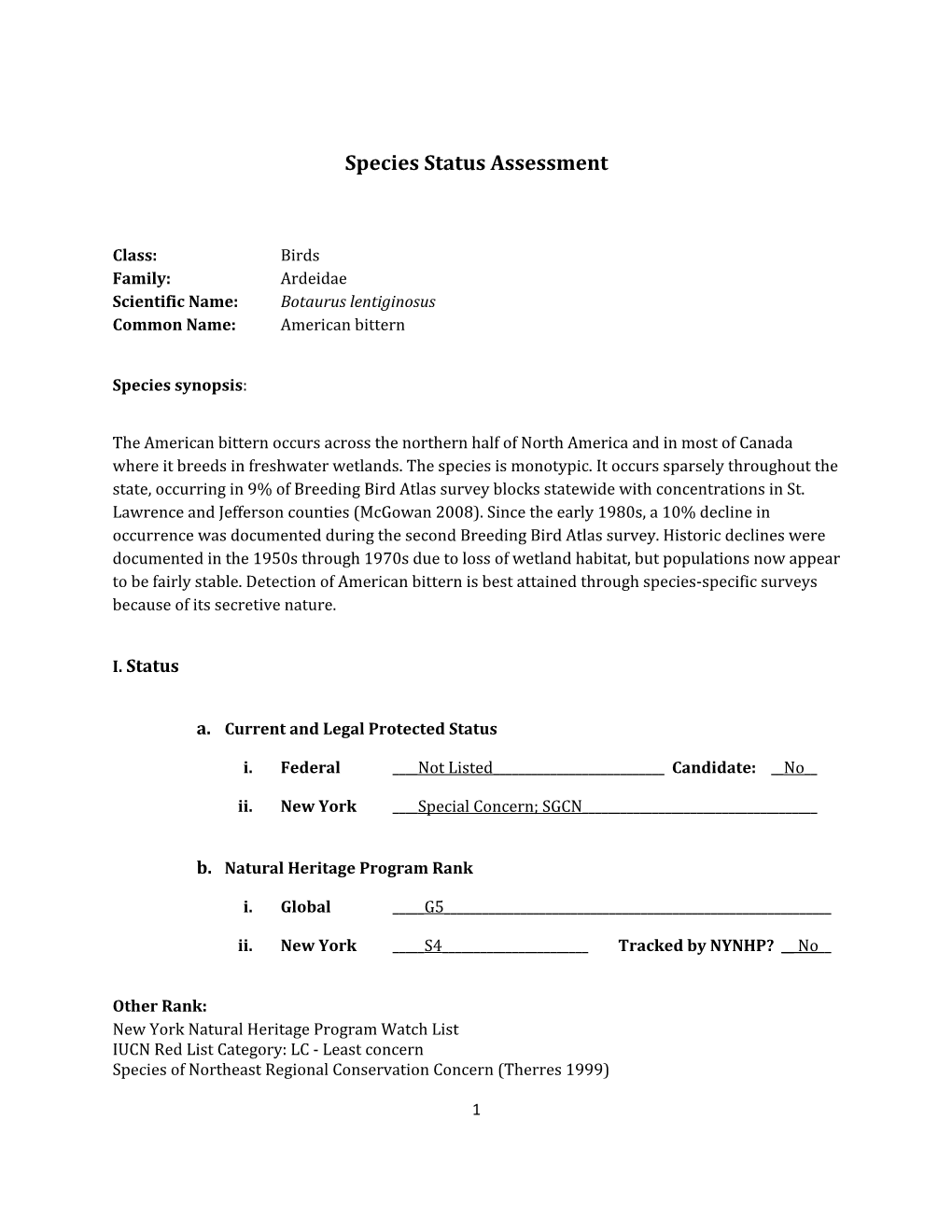 Species Assessment for American Bittern