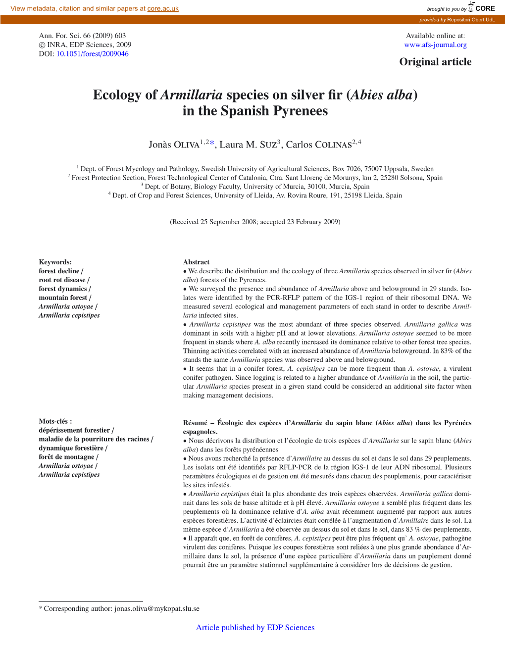 Ecology of Armillaria Species on Silver ﬁr (Abies Alba) in the Spanish Pyrenees