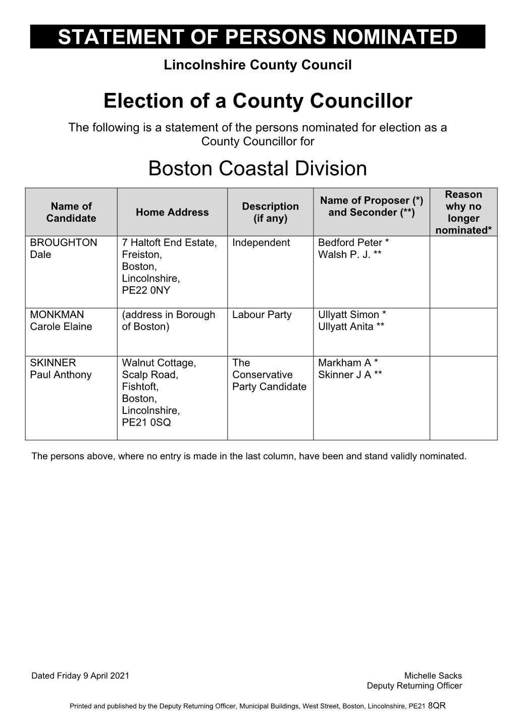 STATEMENT of PERSONS NOMINATED Election of a County