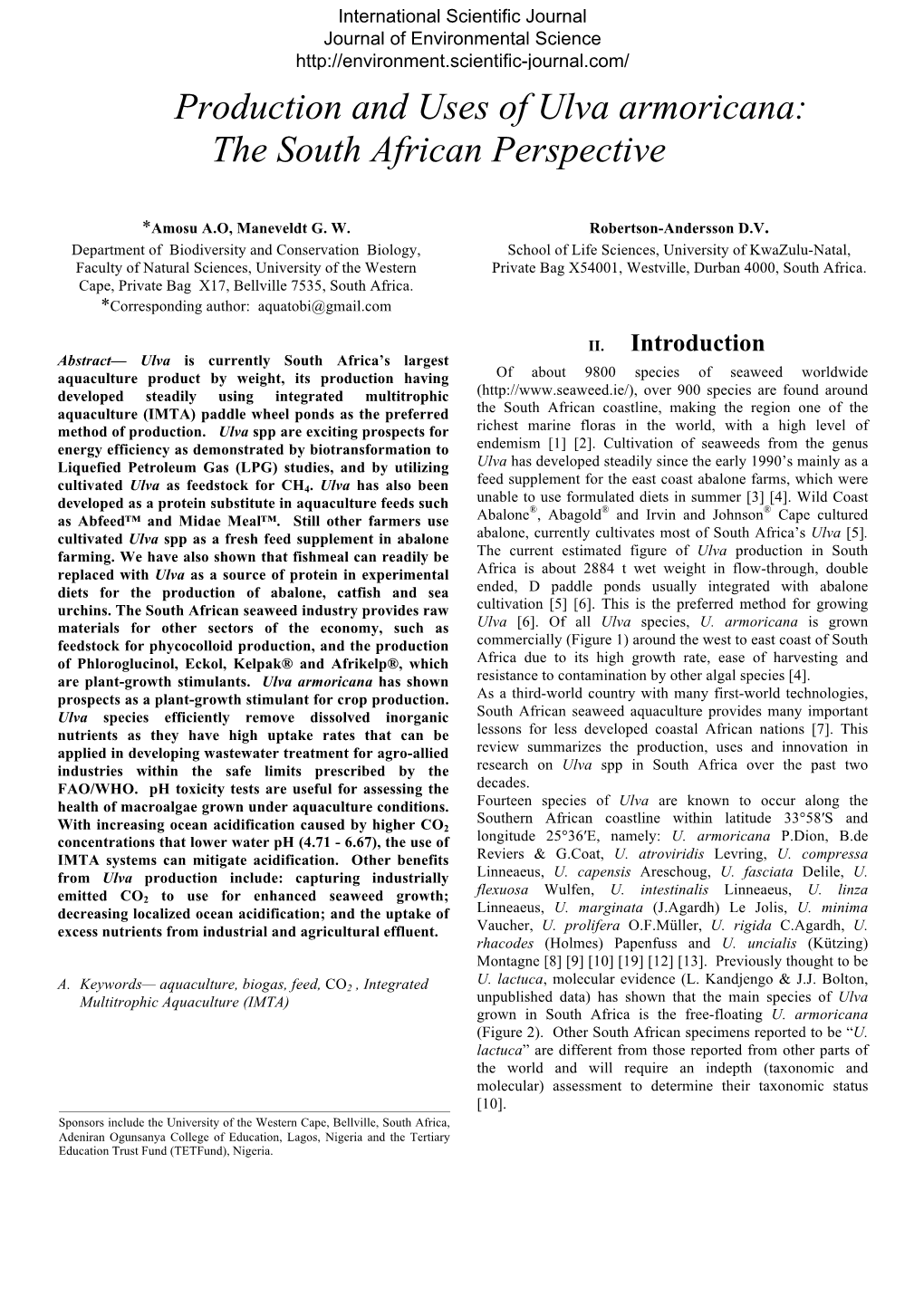 Production and Uses of Ulva Armoricana: the South African Perspective