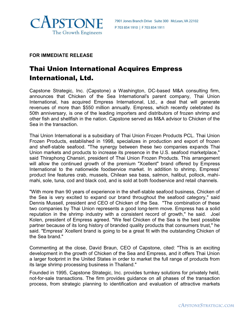 Thai Union International Acquires Empress International, Ltd