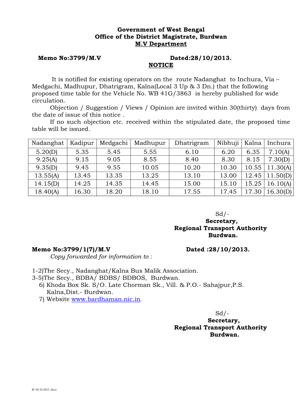 Government of West Bengal Office of the District Magistrate, Burdwan M.V Department Memo No:3799/M.V Dated:28/10/2013. NOTIC