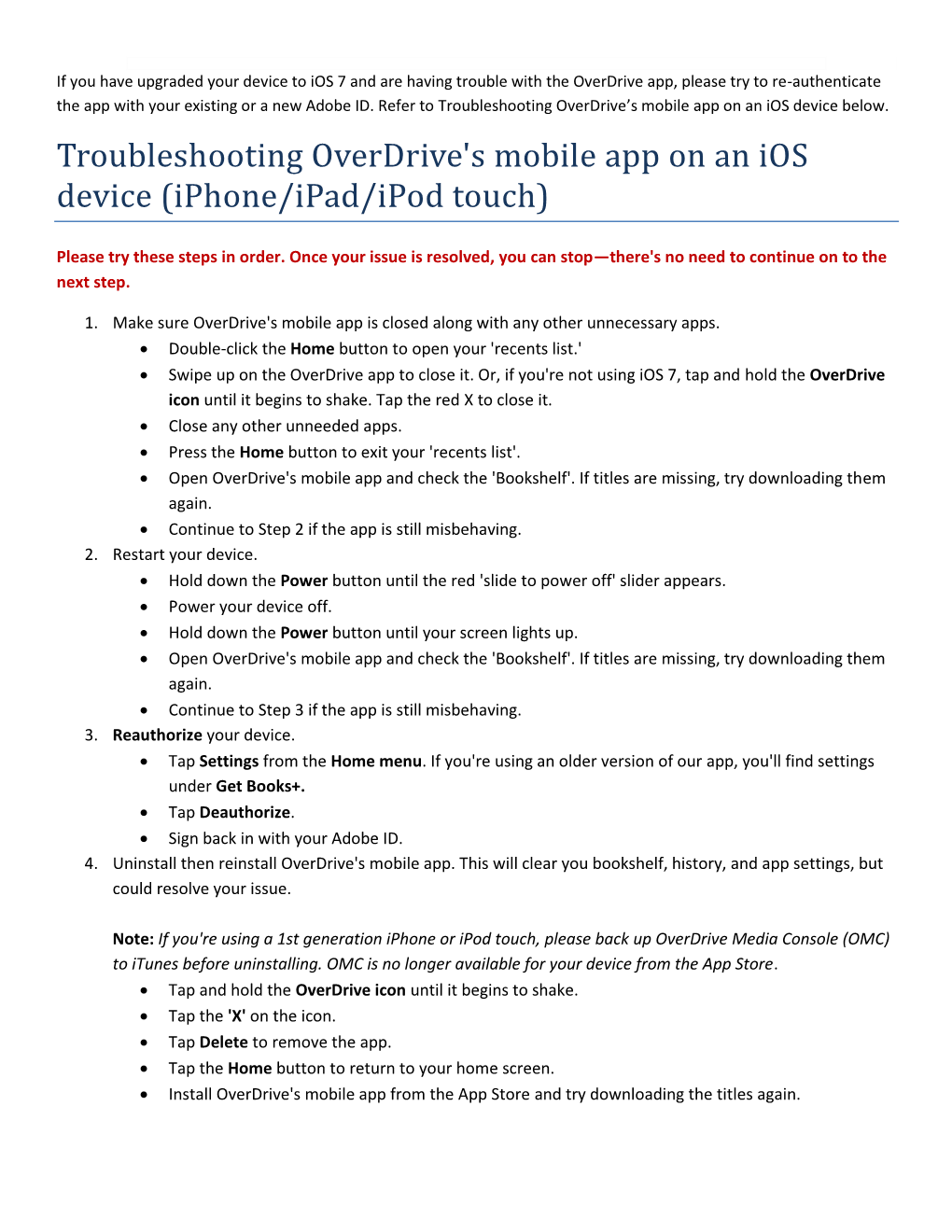 Troubleshooting Overdrive's Mobile App on an Ios Device (Iphone/Ipad/Ipod Touch)