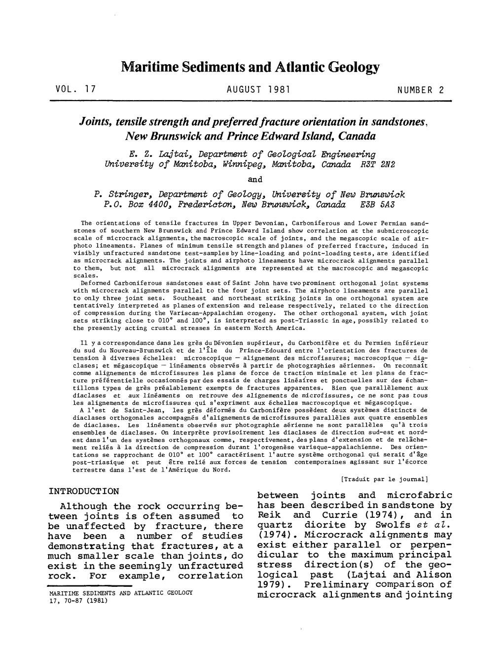 Maritime Sediments and Atlantic Geology VOL