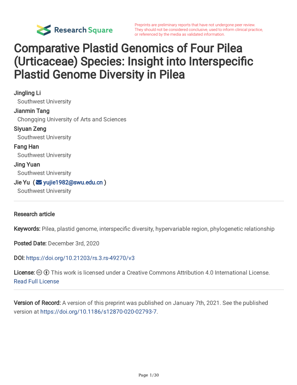 (Urticaceae) Species: Insight Into Interspeci C Plastid Genome