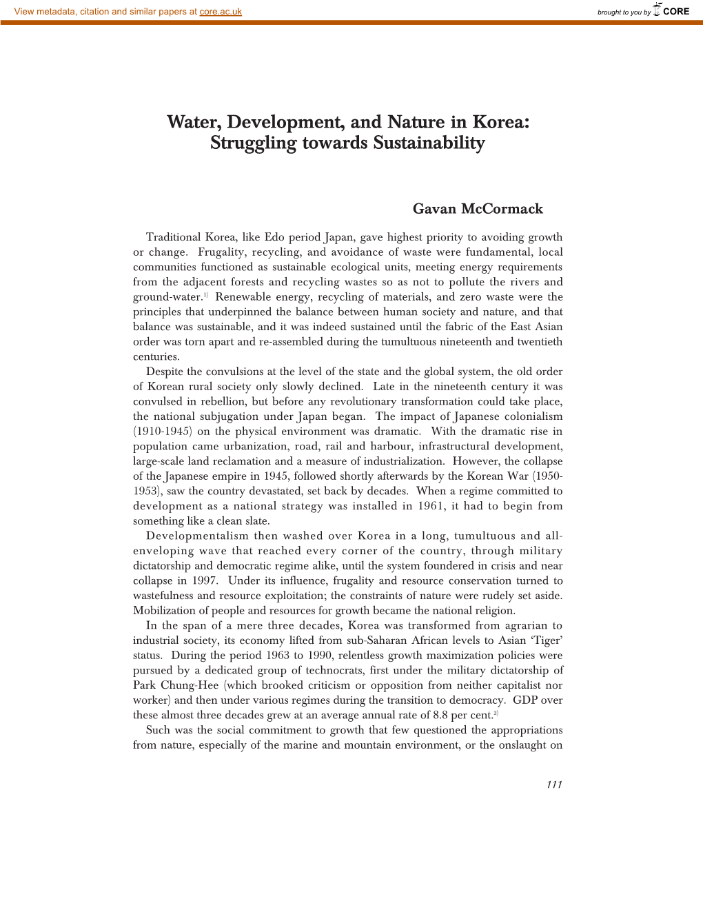 Water, Development, and Nature in Korea: Struggling Towards Sustainability