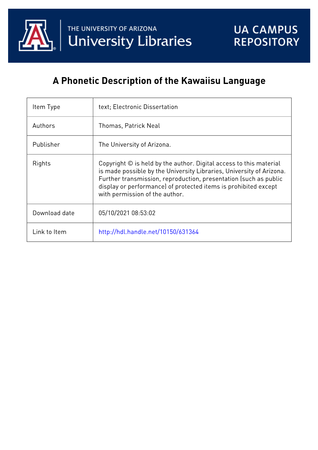 1 a PHONETIC DESCRIPTION of the KAWAIISU LANGUAGE by Patrick N. Thomas