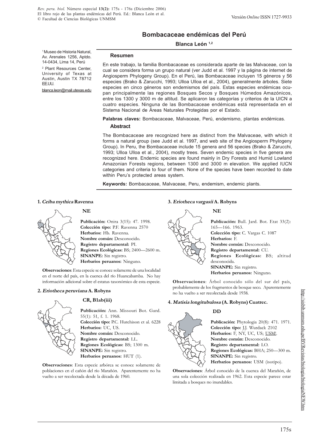 BOMBACACEAE ENDÉMICAS DEL PERÚ © Facultad De Ciencias Biológicas UNMSM Versión Online ISSN 1727-9933