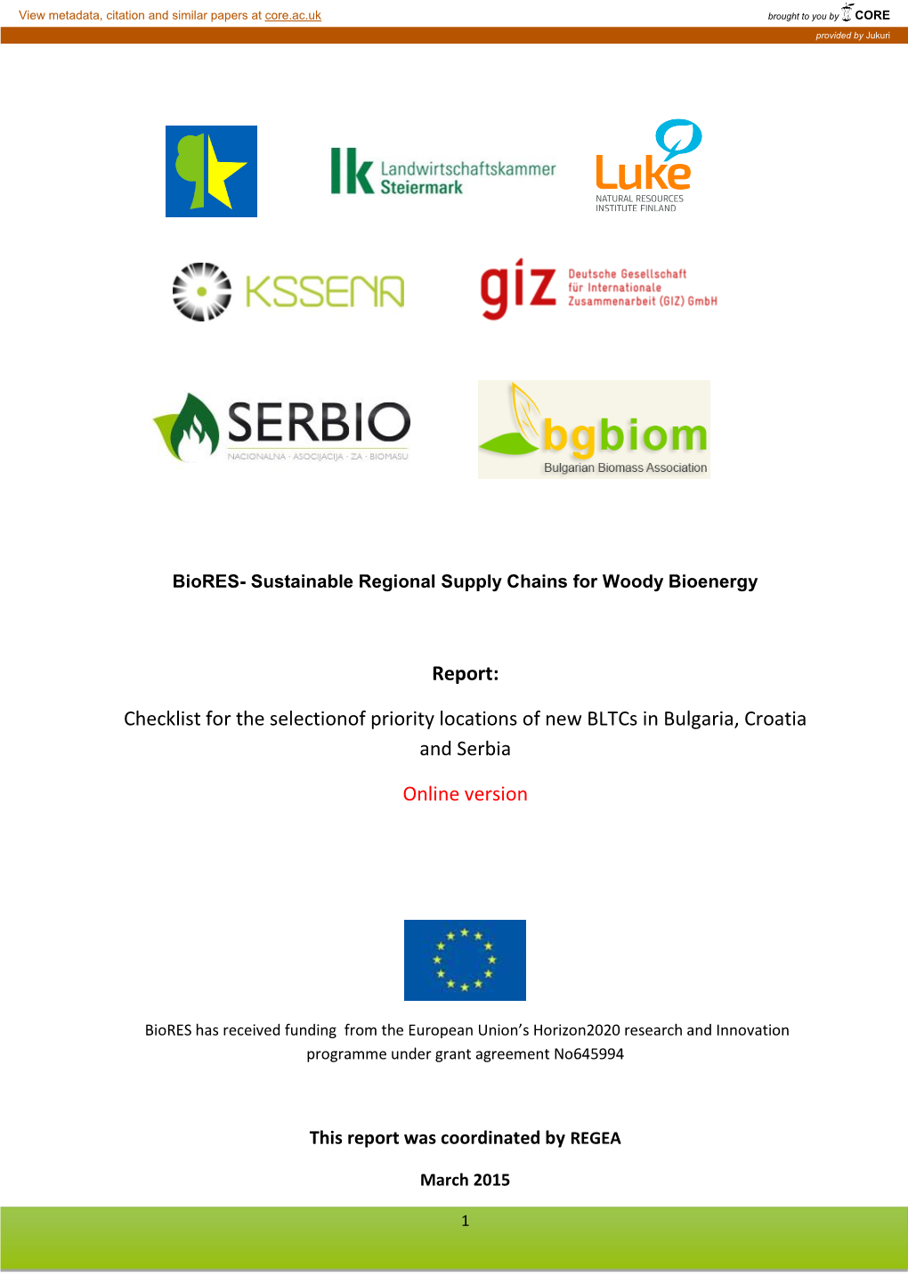 Checklist for the Selectionof Priority Locations of New Bltcs in Bulgaria, Croatia and Serbia