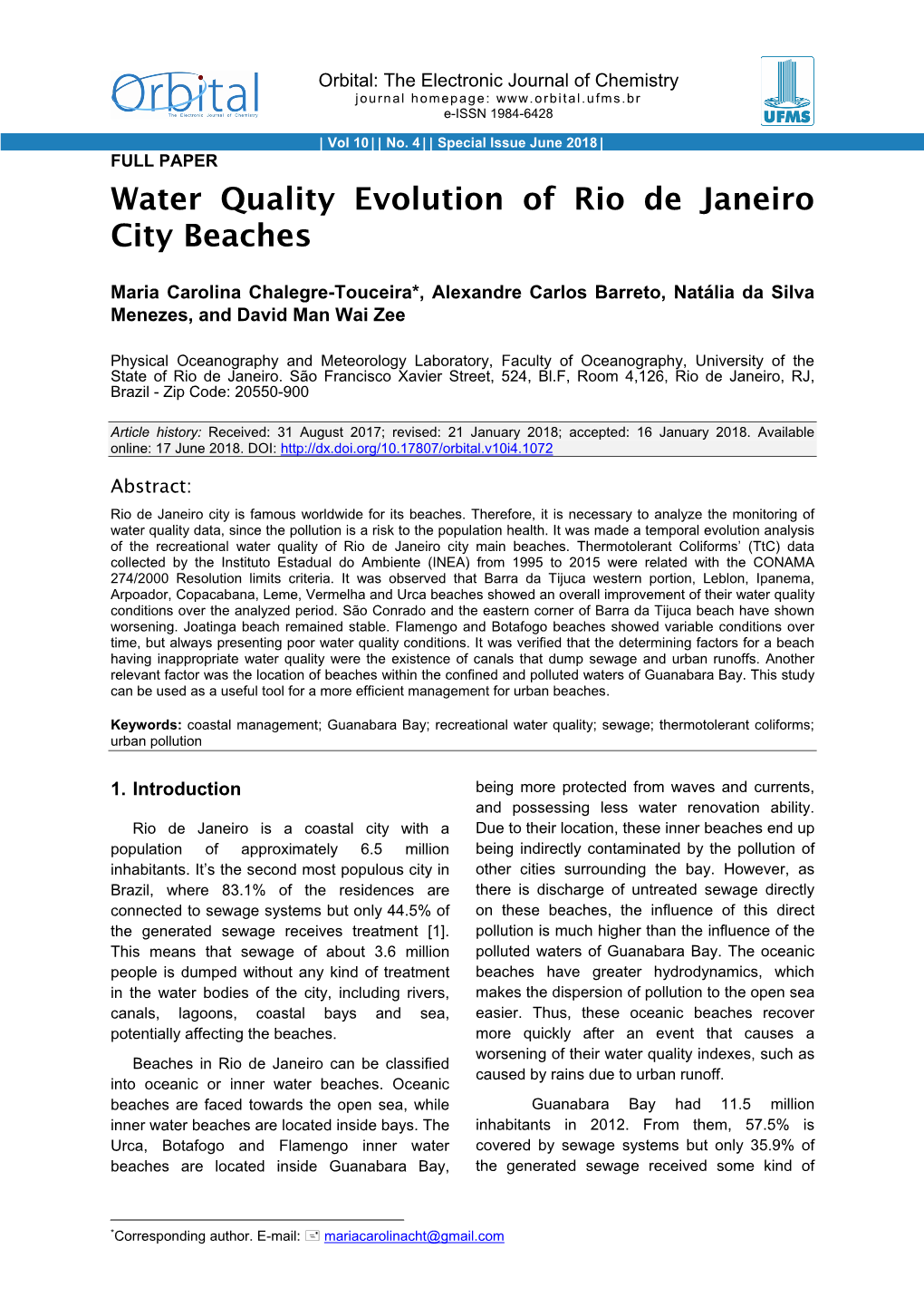 Water Quality Evolution of Rio De Janeiro City Beaches