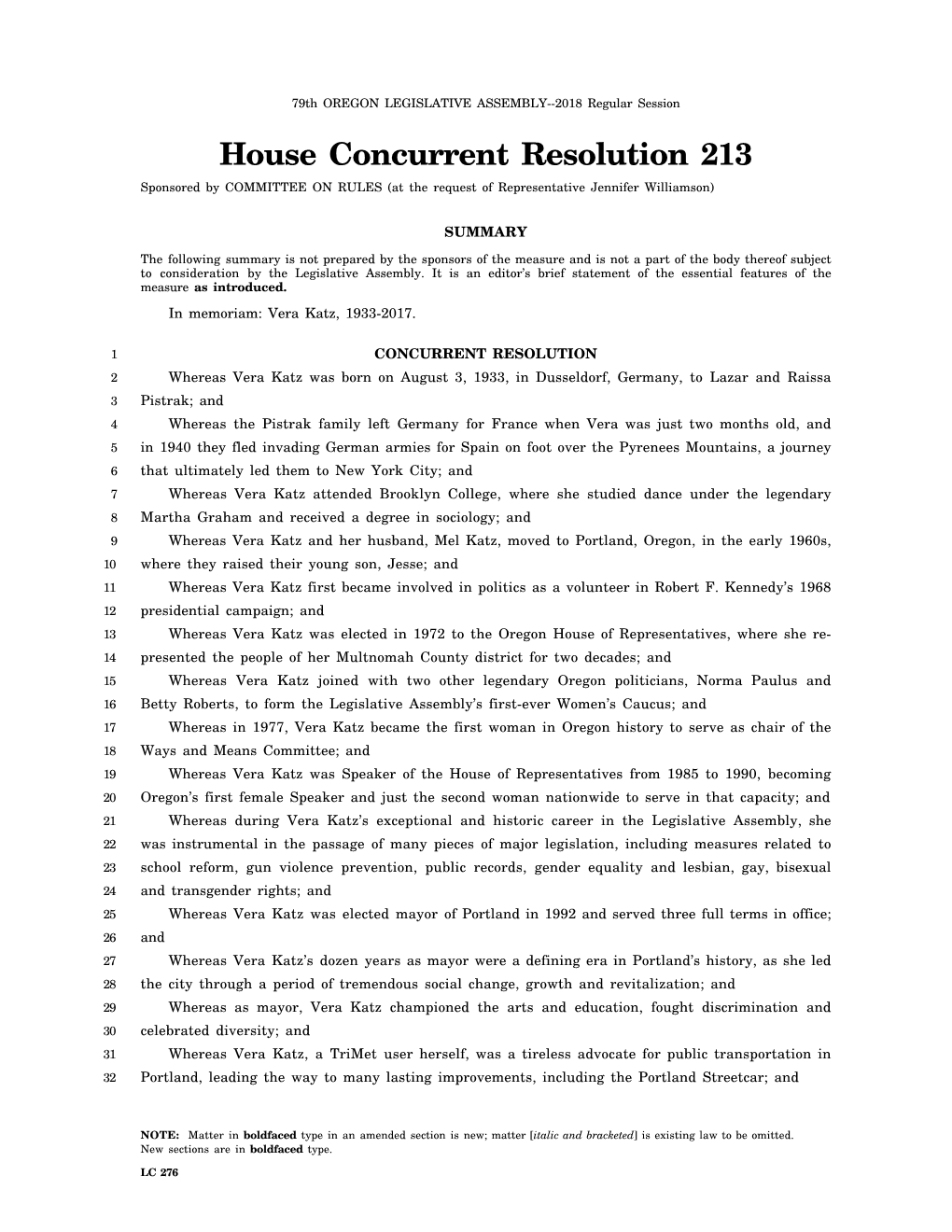 House Concurrent Resolution 213 Sponsored by COMMITTEE on RULES (At the Request of Representative Jennifer Williamson)