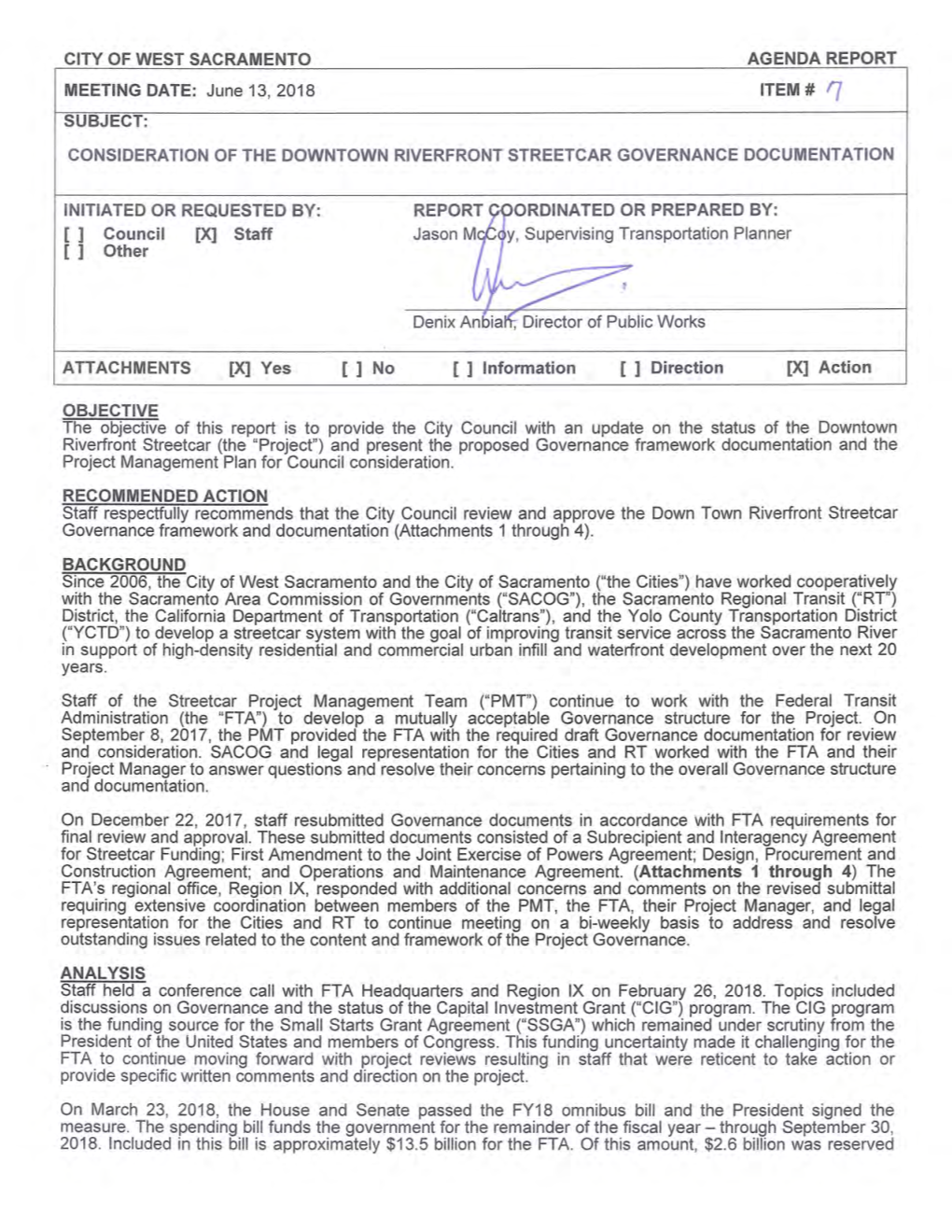 CITY of WEST SACRAMENTO AGENDA REPORT MEETING DATE: June 13, 2018 ITEM# If SUBJECT