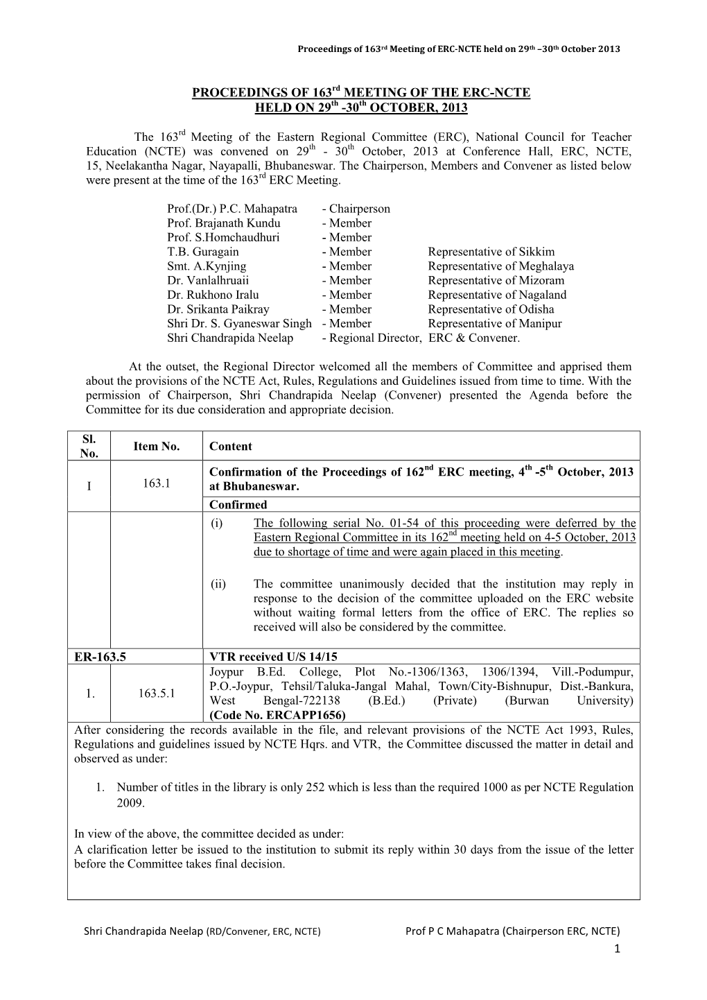 1 PROCEEDINGS of 163Rd MEETING of the ERC-NCTE