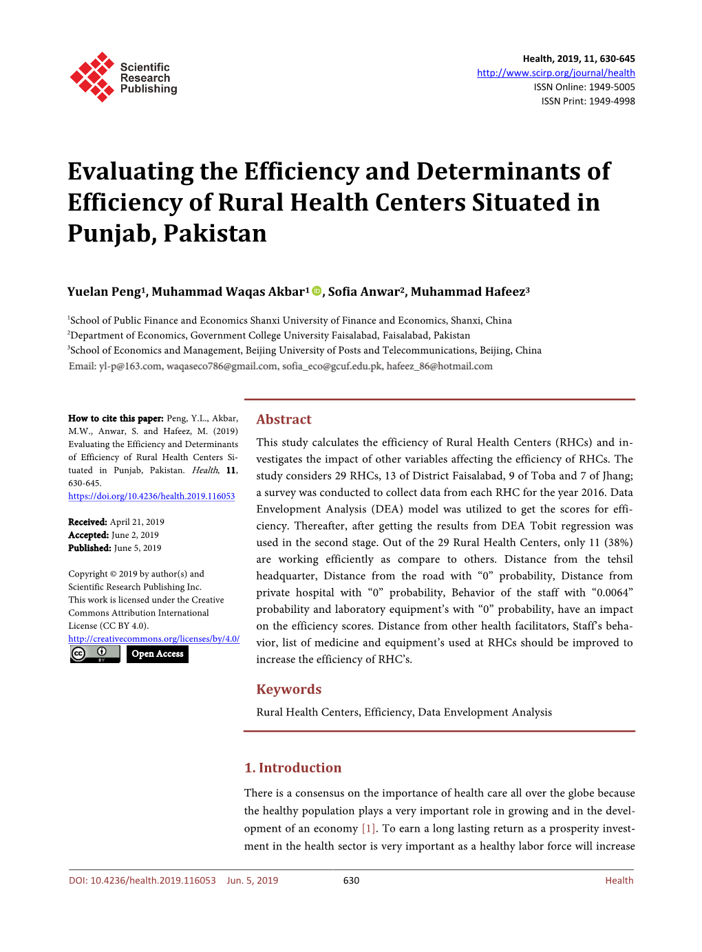 Evaluating the Efficiency and Determinants of Efficiency of Rural Health Centers Situated in Punjab, Pakistan