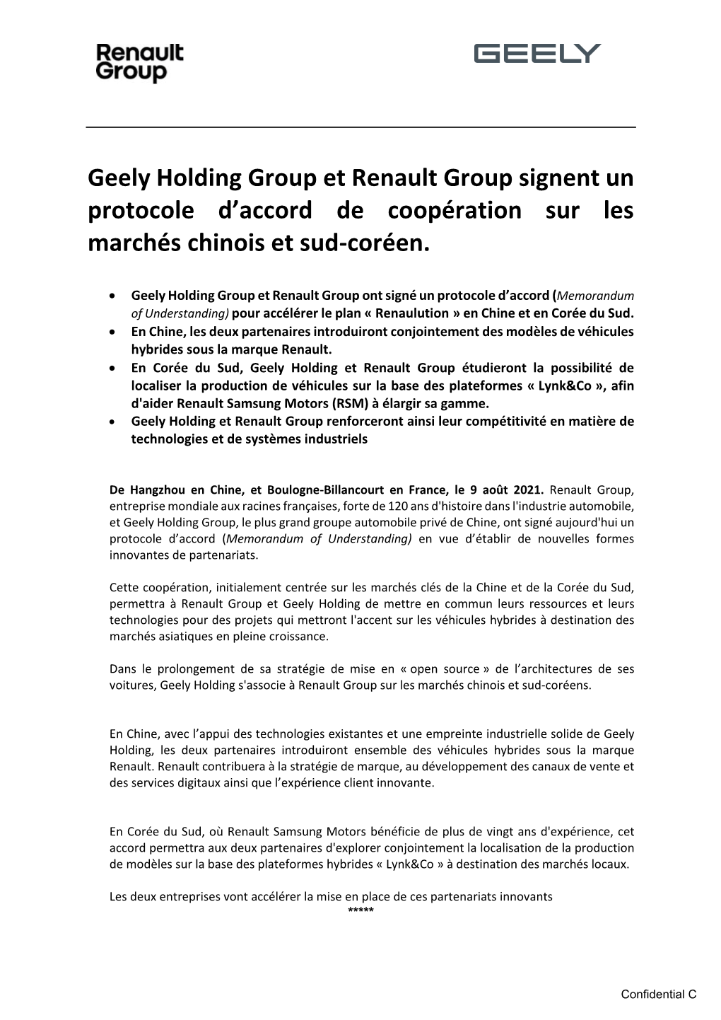 Geely Holding Group Et Renault Group Signent Un Protocole D'accord De Coopération Sur Les Marchés Chinois Et Sud-Coréen
